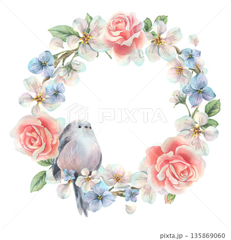 A wreath of apple blossom branches, roses, and forget-me-nots with a titmouse. Hand-drawn watercolor illustration. A round frame template for text, perfect for spring holidays and weddings. A wreath of apple blossom branches, roses, and forget-me-nots with a titmouse. Hand-drawn watercolor illustration. A round frame template for text, perfect for spring holidays and weddings. 135869060