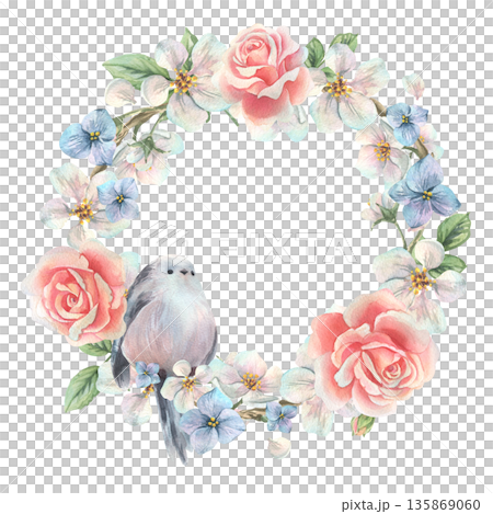 A wreath of apple blossom branches, roses, and forget-me-nots with a titmouse. Hand-drawn watercolor illustration. A round frame template for text, perfect for spring holidays and weddings. 135869060