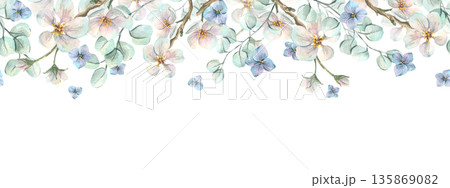 Watercolor illustration of apple blossoms and eucalyptus leaves. Hand-drawn seamless border pattern. Delicate pink petals for a greeting card, Mother's Day, or spring frame. 135869082