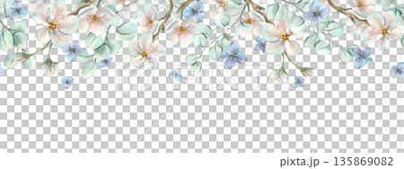 Watercolor illustration of apple blossoms and eucalyptus leaves. Hand-drawn seamless border pattern. Delicate pink petals for a greeting card, Mother's Day, or spring frame. Watercolor illustration of apple blossoms and eucalyptus leaves. Hand-drawn seamless border pattern. Delicate pink petals for a greeting card, Mother's Day, or spring frame. 135869082