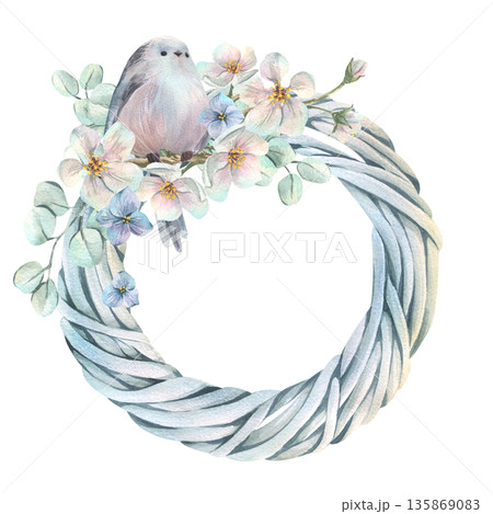 A white vine wreath featuring a long-tailed tit among apple blossoms and hydrangea. A delicate hand-painted watercolor illustration. A round frame for text and spring wedding and holiday designs. A white vine wreath featuring a long-tailed tit among apple blossoms and hydrangea. A delicate hand-painted watercolor illustration. A round frame for text and spring wedding and holiday designs. 135869083