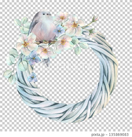 A white vine wreath featuring a long-tailed tit among apple blossoms and hydrangea. A delicate hand-painted watercolor illustration. A round frame for text and spring wedding and holiday designs. A white vine wreath featuring a long-tailed tit among apple blossoms and hydrangea. A delicate hand-painted watercolor illustration. A round frame for text and spring wedding and holiday designs. 135869083