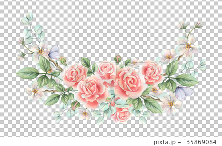 A watercolor floral arrangement with pink roses, white apple blossoms, green leaves, and butterflies. This hand-drawn illustration is perfect for Mother's Day, Valentine's Day, and March 8th. A watercolor floral arrangement with pink roses, white apple blossoms, green leaves, and butterflies. This hand-drawn illustration is perfect for Mother's Day, Valentine's Day, and March 8th. 135869084