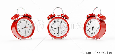 Red Alarm Clock Set Isolated on White Background, Classic Retro Desk Clocks Showing Time 135869146