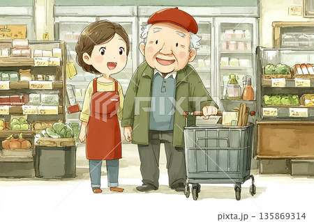 ヘルパーと買い物をする高齢男性｜外出支援の日常を描いた介護イラスト 135869314