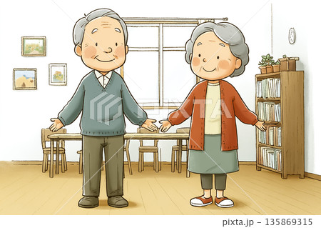 シニア夫婦が深呼吸で体を整える時間｜健康づくりを描いたやさしいシニアイラスト 135869315
