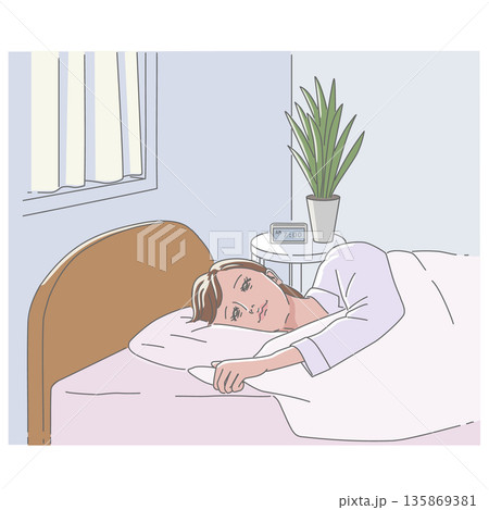 ほのかな朝日の中、自室のベッドで目を覚ます女性のイラスト ほのかな朝日の中、自室のベッドで目を覚ます女性のイラスト 135869381