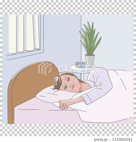 ほのかな朝日の中、自室のベッドで目を覚ます女性のイラスト ほのかな朝日の中、自室のベッドで目を覚ます女性のイラスト 135869381