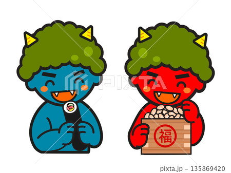 節分に恵方巻を丸かぶりする可愛い青鬼と節分の升に入った豆を食べる可愛 伝統行事 季節素材 節分に恵方巻を丸かぶりする可愛い青鬼と節分の升に入った豆を食べる可愛 伝統行事 季節素材 135869420