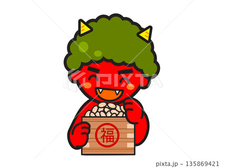 節分の升に入った豆を食べる可愛い赤鬼　豆まき　伝統行事　季節のイラスト素材 135869421