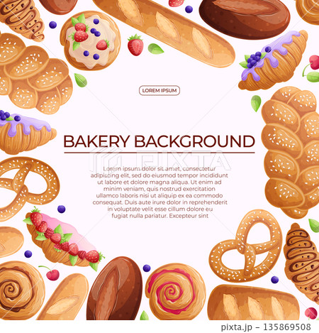 Colorful background with delicious bakery pastries on a white background. The concept of confectionery, baking, cooking. Vector illustration for the design of posters, flyers, postcards, invitations 135869508
