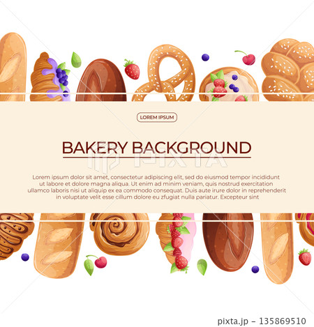 Colorful background with delicious bakery pastries on a white background. The concept of confectionery, baking, cooking. Vector illustration for the design of posters, flyers, postcards, invitations Colorful background with delicious bakery pastries on a white background. The concept of confectionery, baking, cooking. Vector illustration for the design of posters, flyers, postcards, invitations 135869510