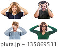 Diverse stressed people showing distress emotion, clutching their heads and messing hair in frustration and anxiety isolated on white background. Intense stress, headaches, and emotional struggle 135869531