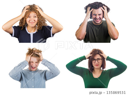 Diverse stressed people showing distress emotion, clutching their heads and messing hair in frustration and anxiety isolated on white background. Intense stress, headaches, and emotional struggle 135869531