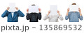 Multiple business persons holding blank white sheets of paper over their face to remain anonymous. Diverse people covering their head, like a mask for hiding identity, isolated on white background 135869532