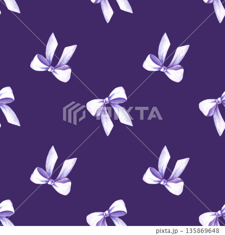 Watercolor seamless pattern with lilac bows on a purple background. Romantic template with painted bows for fabric, wallpaper, packaging, scrapbooking. 135869648