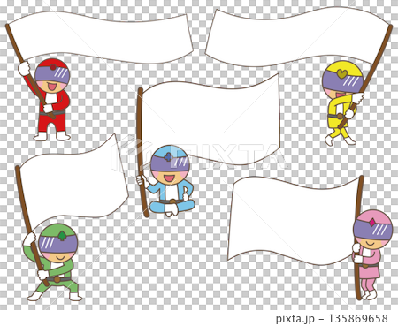 五色英雄套裝,手持白色橫幅 | 可填寫資訊的公告/指南插圖資料 五色英雄套裝,手持白色橫幅 | 可填寫資訊的公告/指南插圖資料 135869658