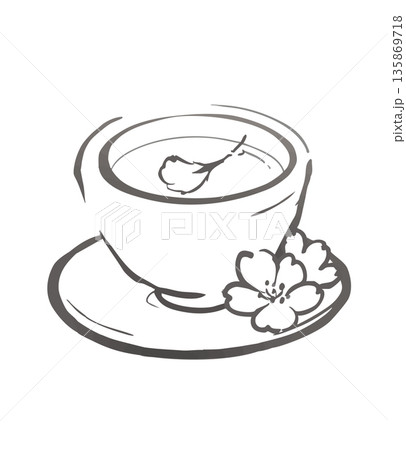 桜茶と湯呑み　春のお祝いを感じる和風の線画イラスト 135869718
