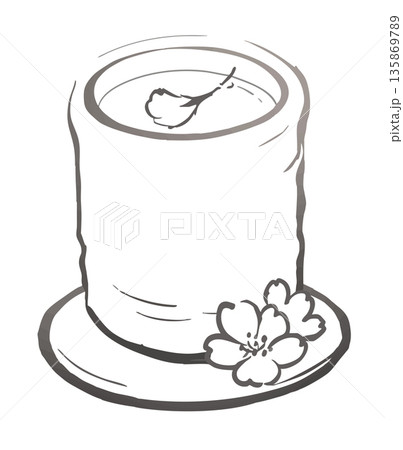 桜茶と湯呑み　春のお祝いを感じる和風の線画イラスト 135869789