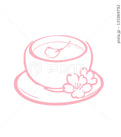 桜茶と湯呑み　春のお祝いを感じる和風の線画イラスト 135869792