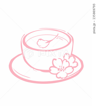 桜茶と湯呑み 春のお祝いを感じる和風の線画イラスト 桜茶と湯呑み 春のお祝いを感じる和風の線画イラスト 135869793
