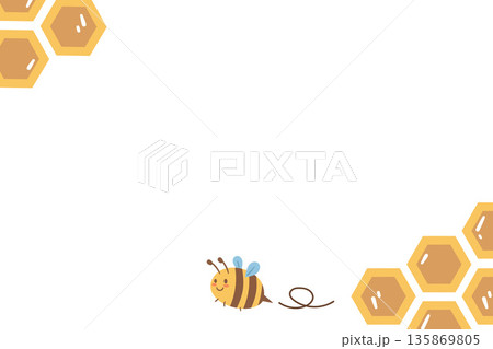 Minimal honeycomb corner frame with a tiny bee. Clean and friendly background for packaging, labels, invitations and eco designs. Minimal honeycomb corner frame with a tiny bee. Clean and friendly background for packaging, labels, invitations and eco designs. 135869805