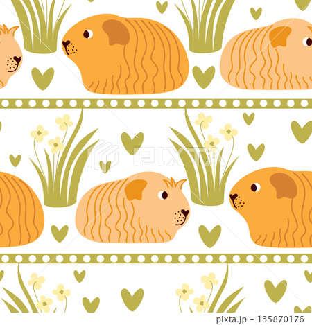 Vector seamless pattern with cute guinea pigs and flowers 135870176