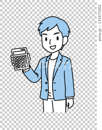 插圖素材：一位休閒男士正在計算器上查看金額 135871002