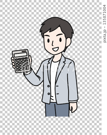 插圖素材：一位休閒男士正在計算器上查看金額 135871004