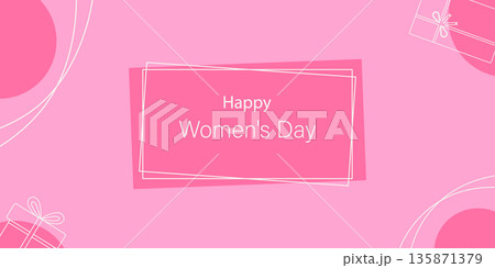 Happy Womans Day Inscription and outline gift boxes light lines on soft pink Banner Format Template. Womens Day Greeting Thematic Cards Sample Media post Banner Print Materials, leaflets, party invite 135871379