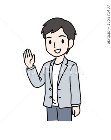 片手を上げて挨拶をするカジュアルスタイルの男性のイラスト素材 135871437