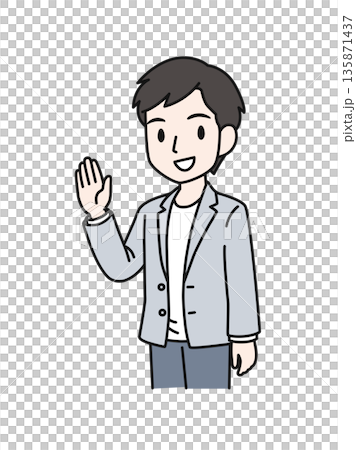 插畫資料：一位休閒男士舉起一隻手打招呼 135871437
