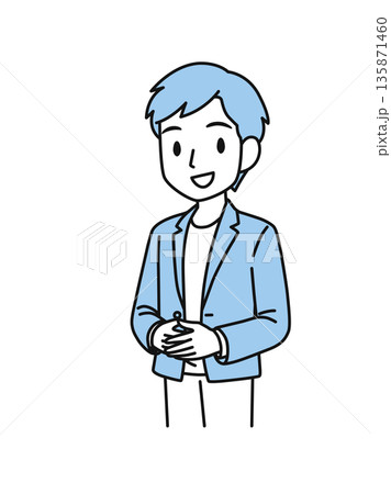 両手を前で組んでかしこまるカジュアルスタイルの男性のイラスト素材 両手を前で組んでかしこまるカジュアルスタイルの男性のイラスト素材 135871460