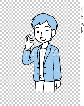 一位穿著休閒的男士擺出「OK」手勢的插圖素材 135871519