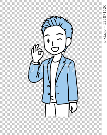一位穿著休閒的男士擺出「OK」手勢的插圖素材 135871520
