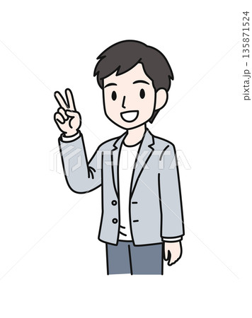 ピースサインをするカジュアルスタイルの男性のイラスト素材 ピースサインをするカジュアルスタイルの男性のイラスト素材 135871524