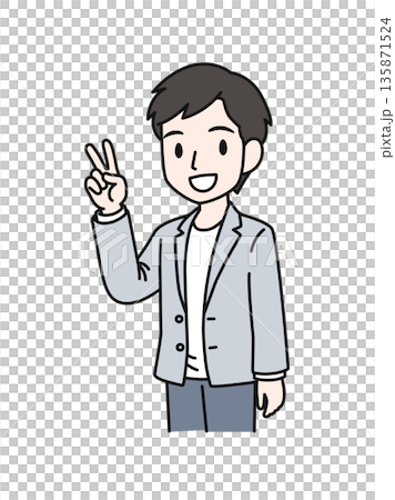 ピースサインをするカジュアルスタイルの男性のイラスト素材 ピースサインをするカジュアルスタイルの男性のイラスト素材 135871524