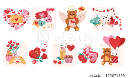 Colorful compositions with Happy Valentines Day elements such as rose, songbird, gift box and heart balloons. 135871569