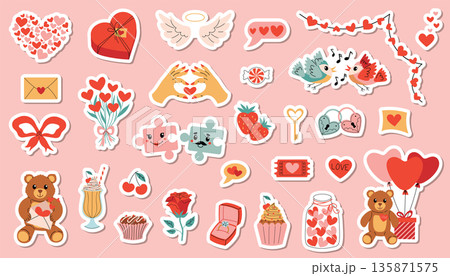 Set of cartoon stickers for happy Valentines Day with hearts, angel wings, gifts, teddy bears, roses. Set of cartoon stickers for happy Valentines Day with hearts, angel wings, gifts, teddy bears, roses. 135871575