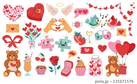 Set of cute cartoon elements for happy Valentines Day with hearts, angel wings, gifts, teddy bears, roses. Set of cute cartoon elements for happy Valentines Day with hearts, angel wings, gifts, teddy bears, roses. 135871576