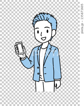 一位休閒男士手持智慧型手機的插畫素材 一位休閒男士手持智慧型手機的插畫素材 135871605