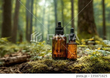 Two glass brown cosmetic containers with pipette are placed against backdrop of a natural forest. Concept of natural organic cosmetics, skin health. Selective focus.. Two glass brown cosmetic containers with pipette are placed against backdrop of a natural forest. Concept of natural organic cosmetics, skin health. Selective focus.. 135871825