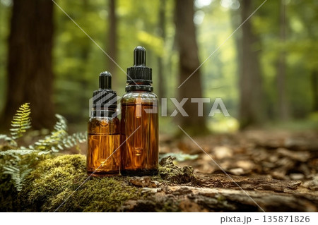 Two glass brown cosmetic containers with pipette are placed against backdrop of a natural forest. Concept of natural organic cosmetics, skin health. Selective focus.. Two glass brown cosmetic containers with pipette are placed against backdrop of a natural forest. Concept of natural organic cosmetics, skin health. Selective focus.. 135871826