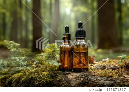 Two glass brown cosmetic containers with pipette are placed against backdrop of a natural forest. Concept of natural organic cosmetics, skin health. Selective focus.. 135871827