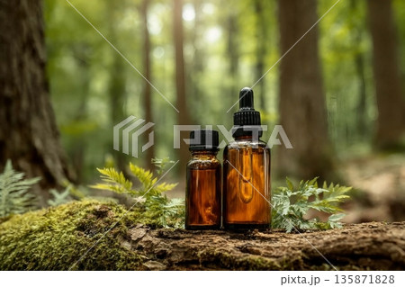 Two glass brown cosmetic containers with pipette are placed against backdrop of a natural forest. Concept of natural organic cosmetics, skin health. Selective focus.. 135871828