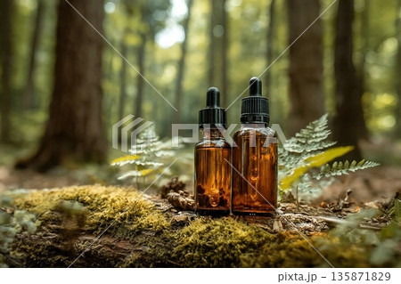 Two glass brown cosmetic containers with pipette are placed against backdrop of a natural forest. Concept of natural organic cosmetics, skin health. Selective focus.. 135871829