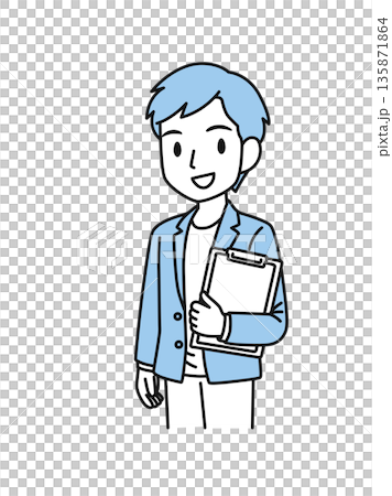 插畫素材：一位休閒男士手持資料夾內的文件 135871864