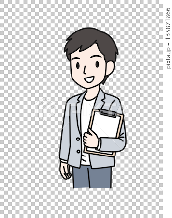 插畫素材：一位休閒男士手持資料夾內的文件 135871866