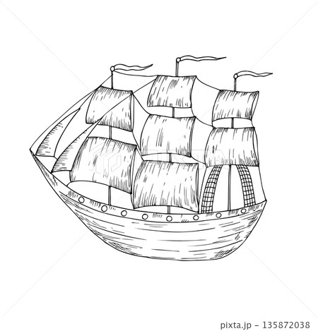 Vector wind sail boat. Hand painted linear fishing ship illustration. Graphic monochrome sketch isolated on background. For designers, prints, logo, icon, menu, postcards, holiday, cover Vector wind sail boat. Hand painted linear fishing ship illustration. Graphic monochrome sketch isolated on background. For designers, prints, logo, icon, menu, postcards, holiday, cover 135872038