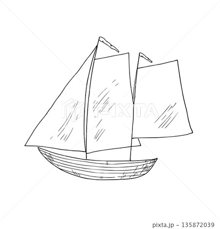 Vector wind sail boat. Hand painted linear fishing ship illustration. Graphic monochrome sketch isolated on background. For designers, prints, logo, icon, menu, postcards, holiday, cover Vector wind sail boat. Hand painted linear fishing ship illustration. Graphic monochrome sketch isolated on background. For designers, prints, logo, icon, menu, postcards, holiday, cover 135872039